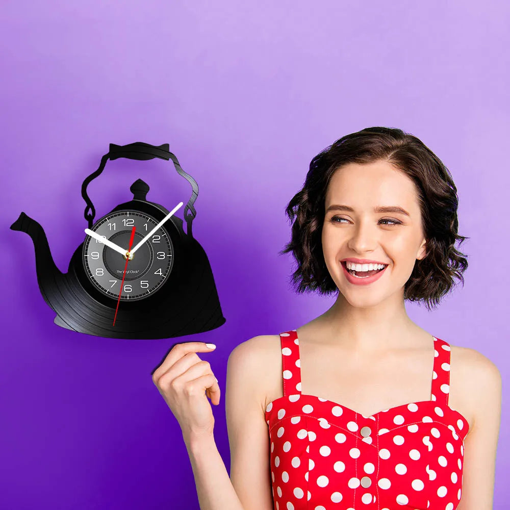 Modern Kitchen Artwork Teapot Wall Clock Tea Room Wall Decor Teapot Retro Vinyl Record Wall Clock Kitchen Decorative Wall Watch
