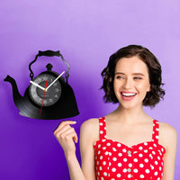 Modern Kitchen Artwork Teapot Wall Clock Tea Room Wall Decor Teapot Retro Vinyl Record Wall Clock Kitchen Decorative Wall Watch