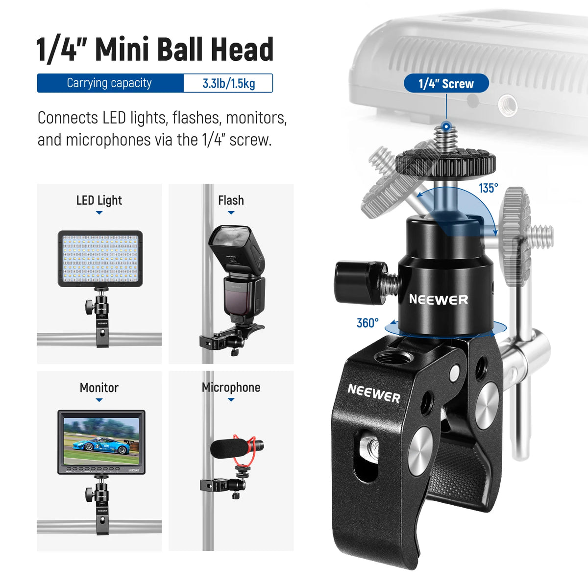 Neewer Crab Clamp Articulated Mini Ball Head, Super Clamp Mic Mount with 1/4" to 5/8" Thread For Camera Cage and Microphones