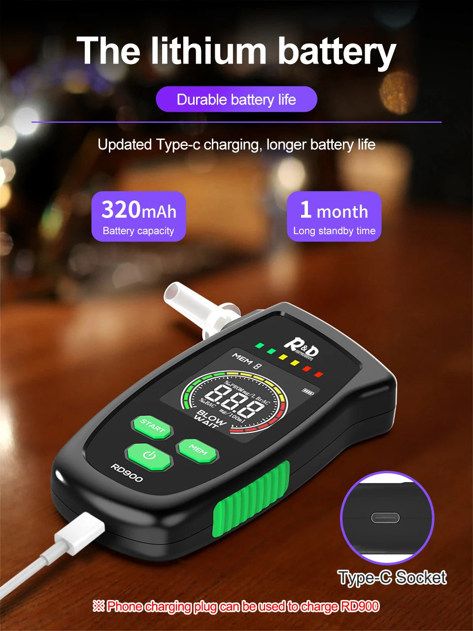 R&D RD900 Alcohol Tester Rechargeable Digital Breath Tester Breathalyzer Gas Alcohol Detector for Personal & Professional Use