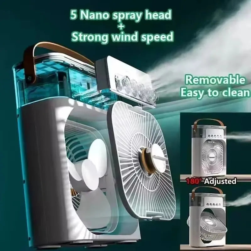 Portable humidifier fan three in one, mini USB air conditioning fan, LED night light, water mist, home fun air cooler humidifier