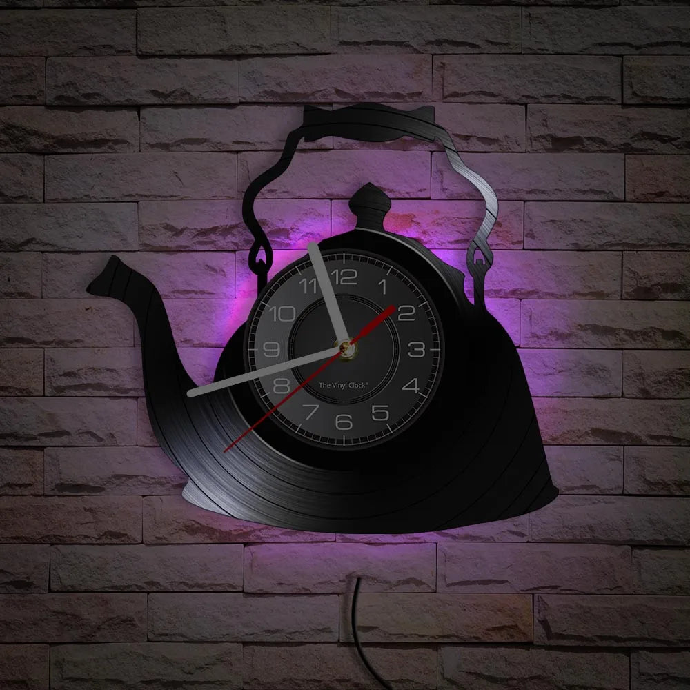 Modern Kitchen Artwork Teapot Wall Clock Tea Room Wall Decor Teapot Retro Vinyl Record Wall Clock Kitchen Decorative Wall Watch
