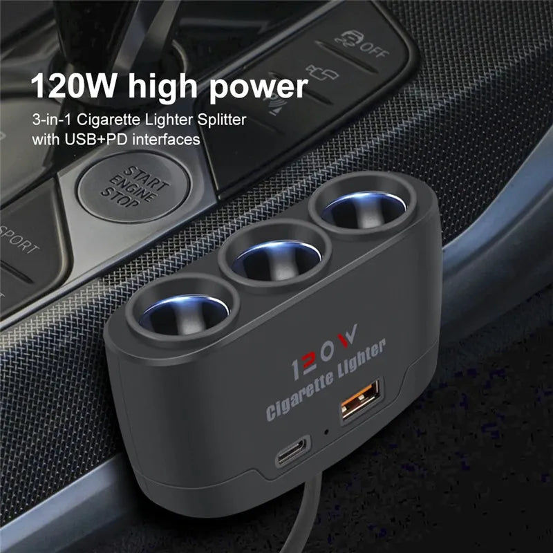 PD QC3.0 Dual USB Socket 120W Car Cigarette Lighter Splitter 12V 24V Fast Charger Plug Phone Power Adapter for Car DVR Dashcam