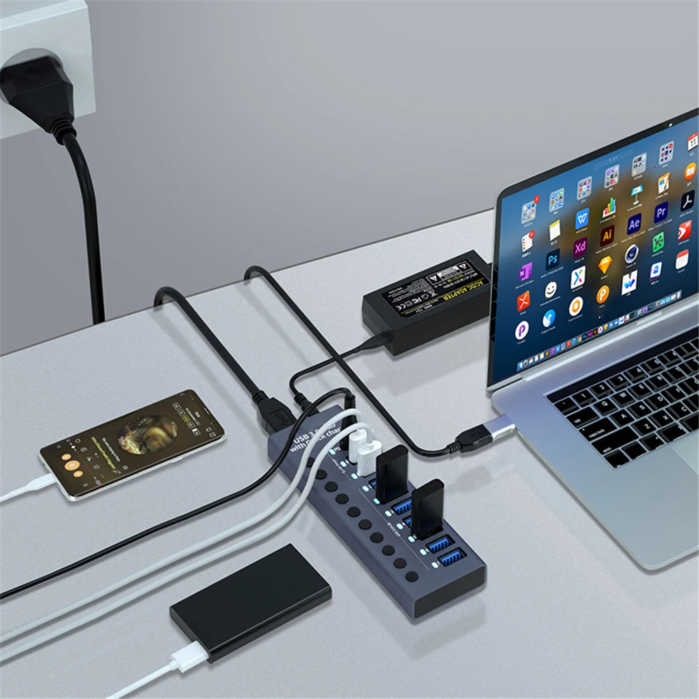 MZX 10/7/4 Port Aluminum USB 3.0 Hub A 3 0 Multi Splitter Concentrator Multiple Extension Hub Switch Power Adapter for PC Laptop