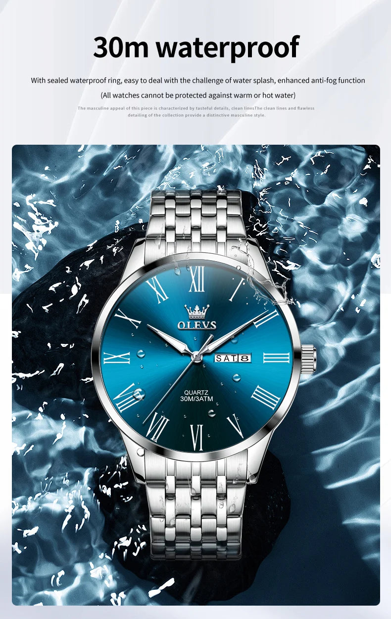 OLEVS Business Minimalist Stainless Steel Watch Man Luxury Luminous Hands Roman Scale Calendar Waterproof Quartz Watches for Men