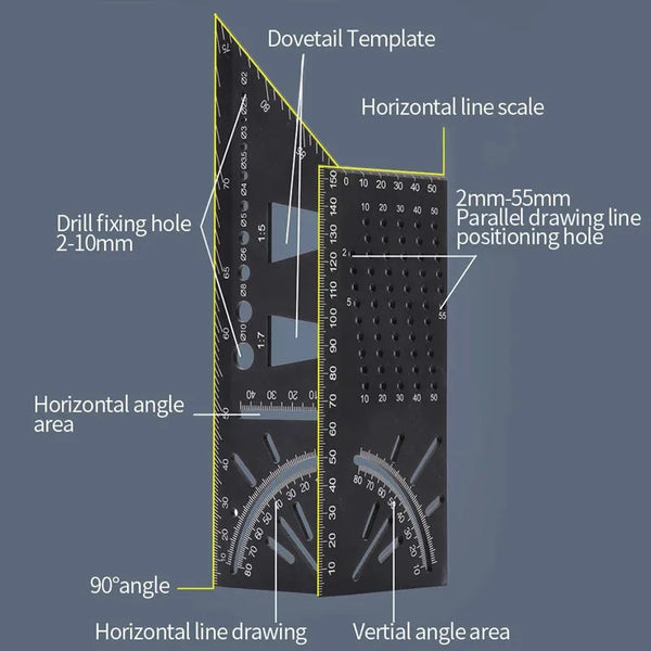 Premium Aluminum Alloy Woodworking Square Ruler - 3D Mitre Angle Measuring Template Tool - 45/90 Degree Carpenter's Layout Gauge