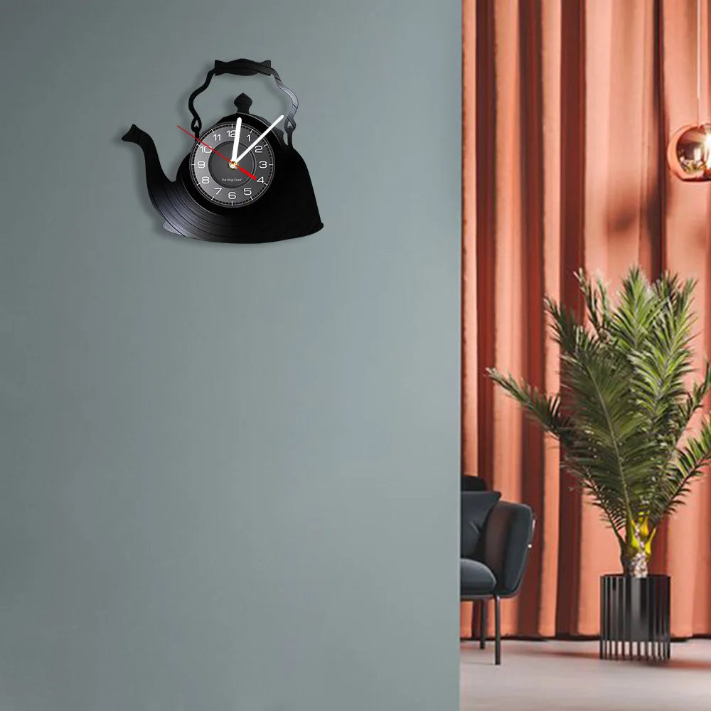 Modern Kitchen Artwork Teapot Wall Clock Tea Room Wall Decor Teapot Retro Vinyl Record Wall Clock Kitchen Decorative Wall Watch