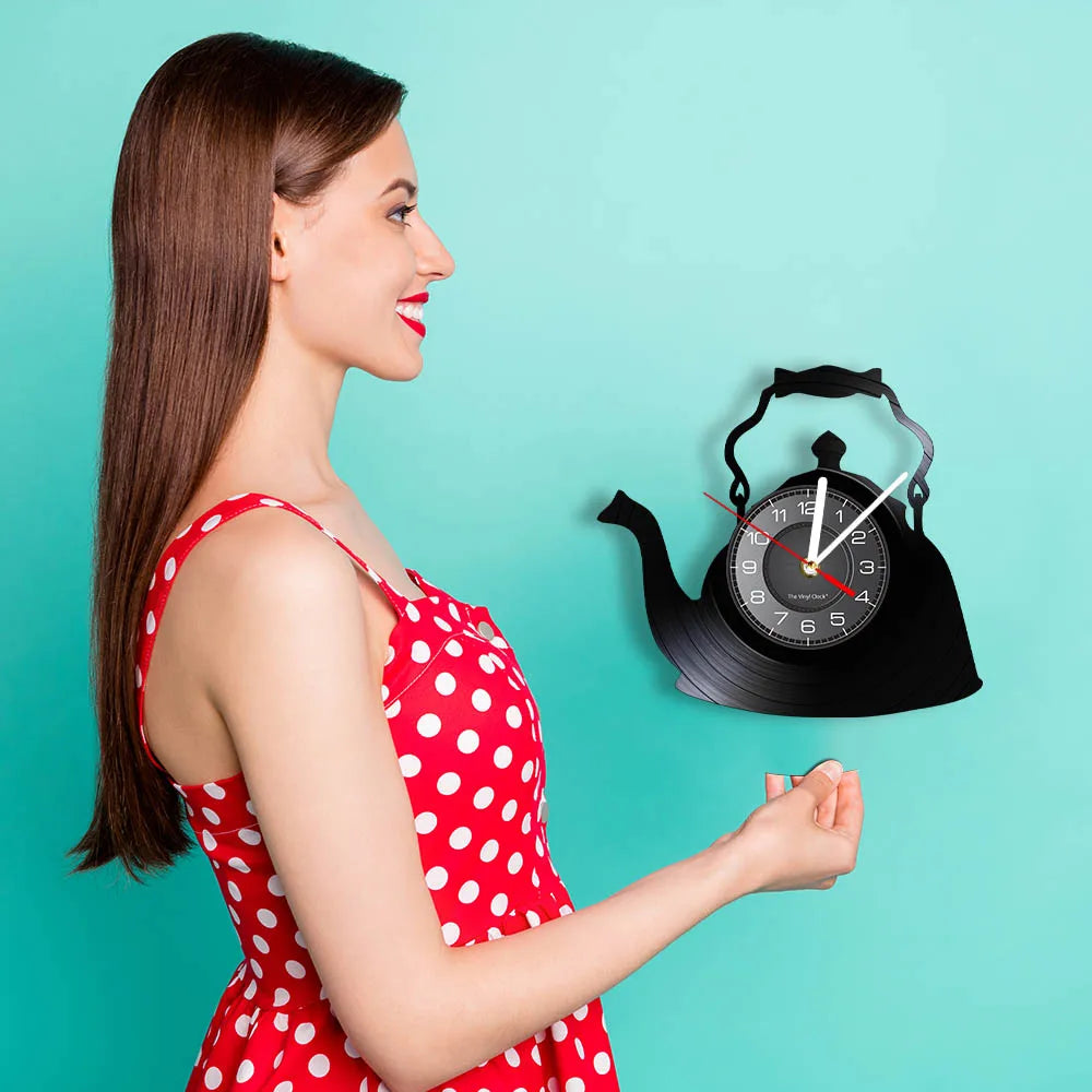 Modern Kitchen Artwork Teapot Wall Clock Tea Room Wall Decor Teapot Retro Vinyl Record Wall Clock Kitchen Decorative Wall Watch