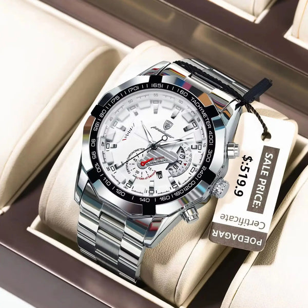 POEDAGAR Business Military Men Clock Waterproof Luminous Calendar Man Wristwatch Stainless Steel Quartz Men's Watches Male Reloj