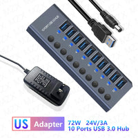 MZX 10/7/4 Port Aluminum USB 3.0 Hub A 3 0 Multi Splitter Concentrator Multiple Extension Hub Switch Power Adapter for PC Laptop