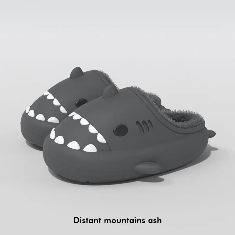 Litfun Fur Plush Shark Slippers Women Men Winter Cozy Fur Shark Slides Cartoon Furry Home Shoes Platform Waterproof Shark Slides