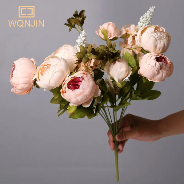 WQNJIN 13 Heads Peony Silk Artificial Flowers Vintage Bouquet Peonies Flowers for Home Table Centerpieces Wedding Decoration