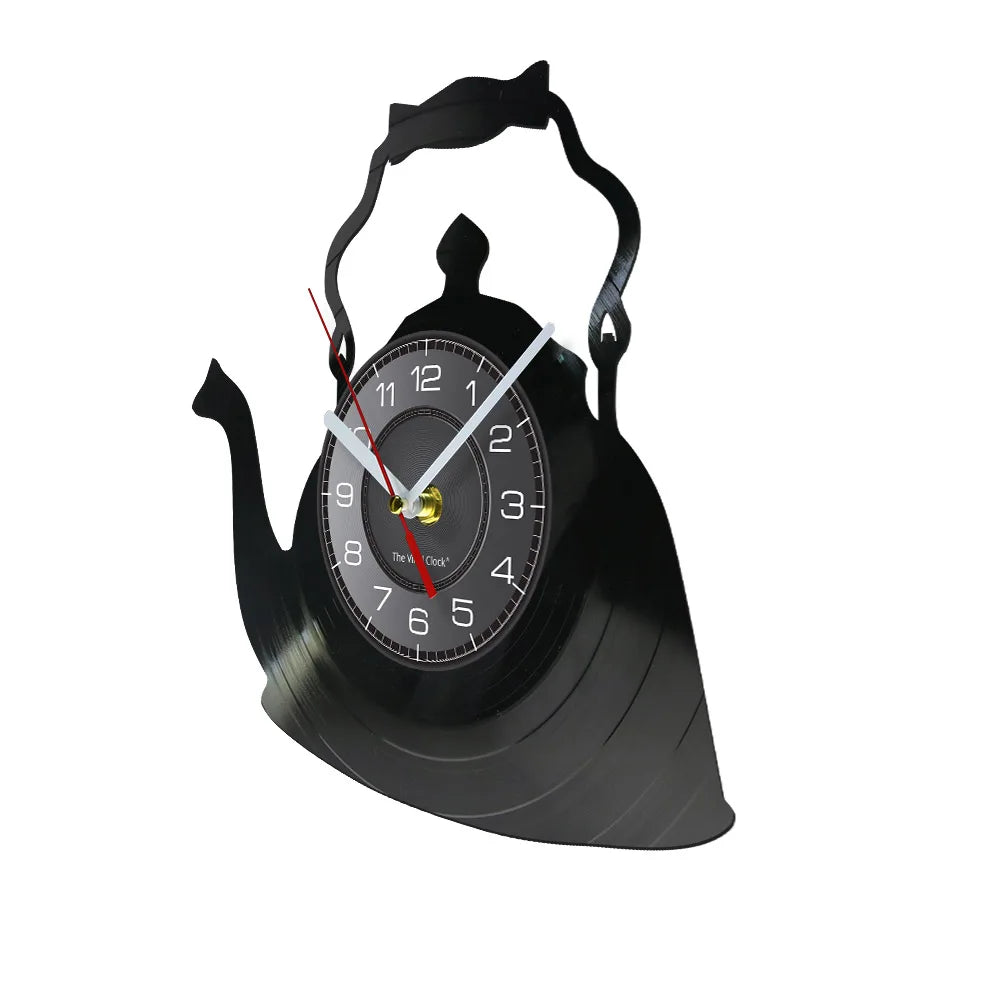 Modern Kitchen Artwork Teapot Wall Clock Tea Room Wall Decor Teapot Retro Vinyl Record Wall Clock Kitchen Decorative Wall Watch