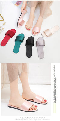 Summer New Home Slippers Fashion Flat Casual Satin Simulation Silk Slippers Indoor Non-slip Peep Toe Slides Wedding  Flip Flops