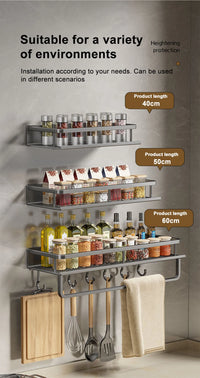1/2Pcs No Punch Spice Rack Wall Mounted Kitchen Spice Organizer with Hook Rod Seasoning Rack Spice Shelf Bathroom Kitchen Shelf