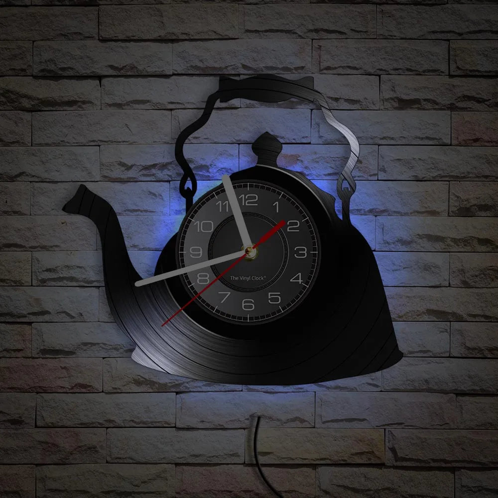 Modern Kitchen Artwork Teapot Wall Clock Tea Room Wall Decor Teapot Retro Vinyl Record Wall Clock Kitchen Decorative Wall Watch