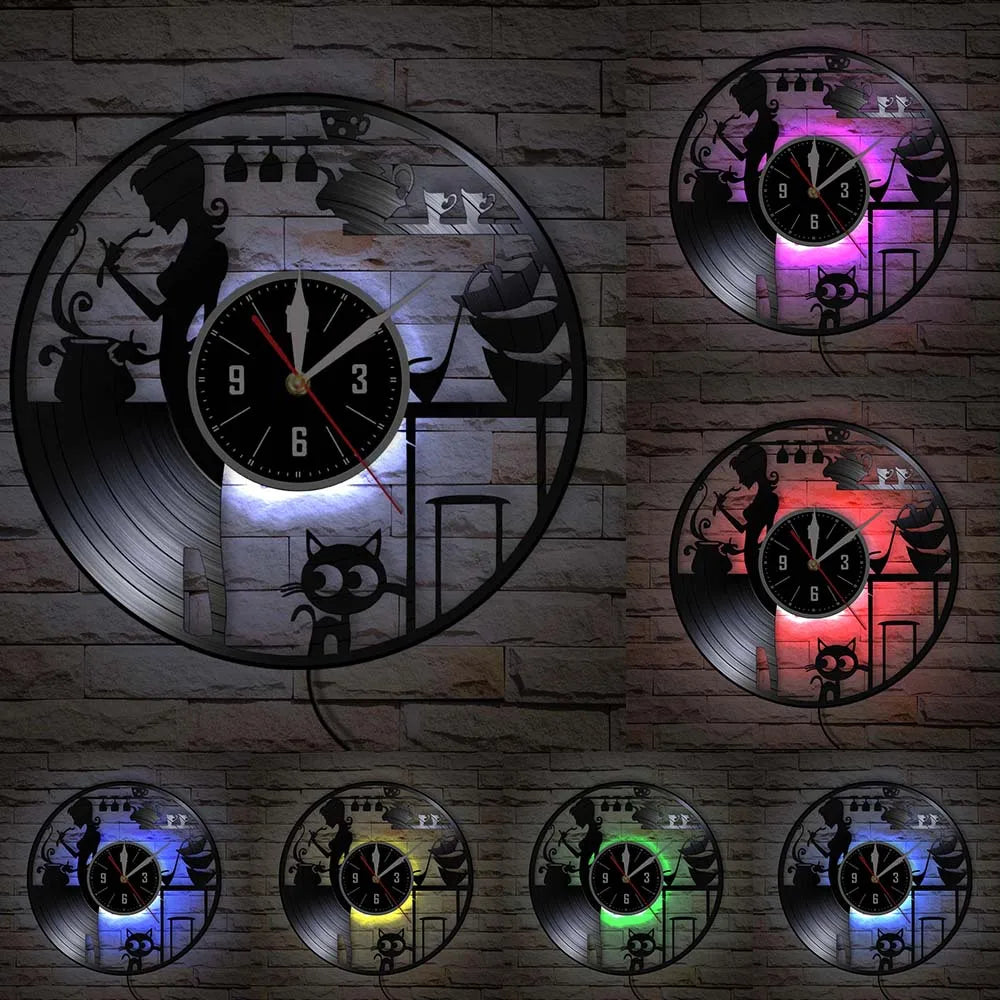 Modern Kitchen Artwork Teapot Wall Clock Tea Room Wall Decor Teapot Retro Vinyl Record Wall Clock Kitchen Decorative Wall Watch