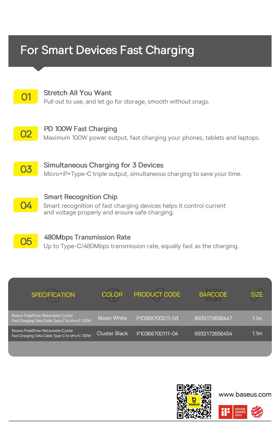 Baseus 3 In 1 Retractable Phone Data Cable