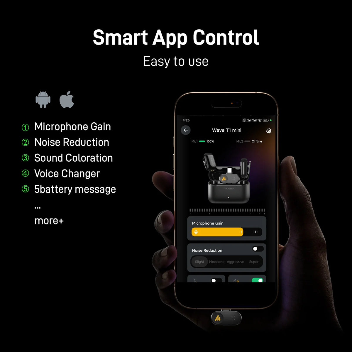 MAONO T1mini Wireless Lapel Microphone for Phone-Noise Cancellation Auto Clipping Function App Setting Audio Video Recording Mic