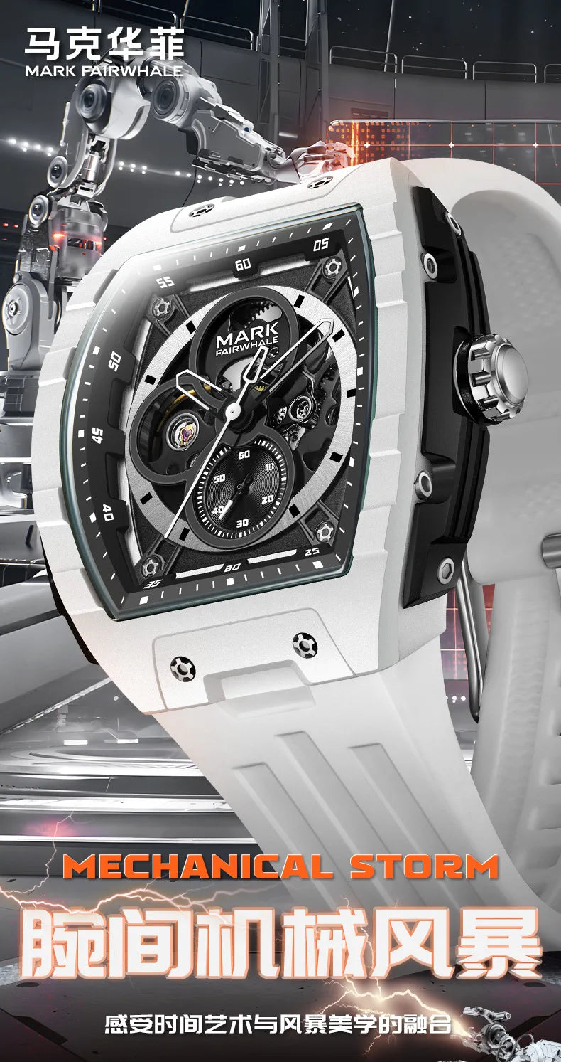 Mark Fairwhale 6003 Automatic Movement Mens Watch New Tonneau Light Case Luminous Waterproof Mechanical Watches for Men Gift BOX