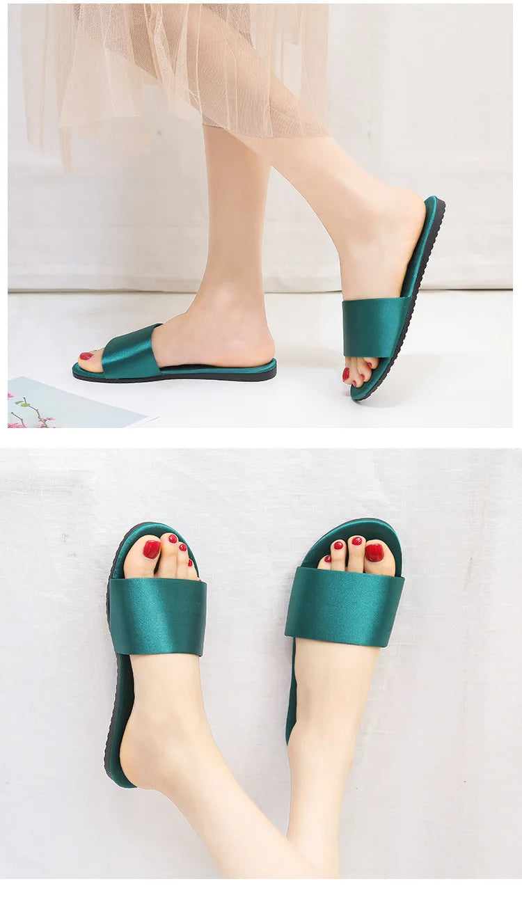 Summer New Home Slippers Fashion Flat Casual Satin Simulation Silk Slippers Indoor Non-slip Peep Toe Slides Wedding  Flip Flops