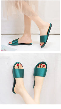 Summer New Home Slippers Fashion Flat Casual Satin Simulation Silk Slippers Indoor Non-slip Peep Toe Slides Wedding  Flip Flops