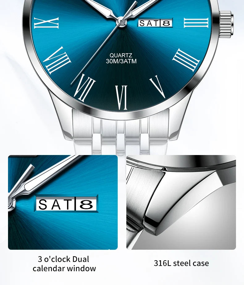 OLEVS Business Minimalist Stainless Steel Watch Man Luxury Luminous Hands Roman Scale Calendar Waterproof Quartz Watches for Men
