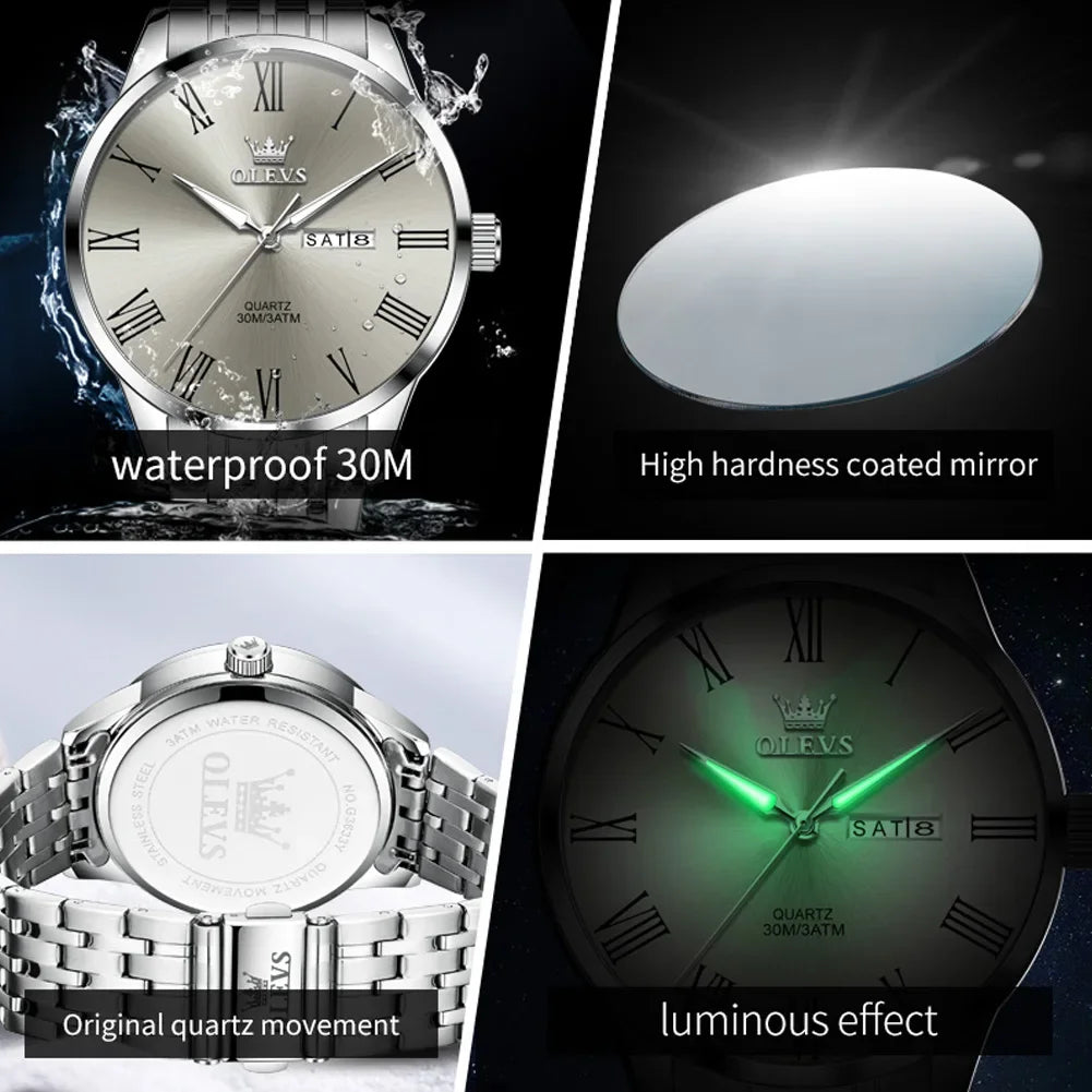 OLEVS Business Minimalist Stainless Steel Watch Man Luxury Luminous Hands Roman Scale Calendar Waterproof Quartz Watches for Men