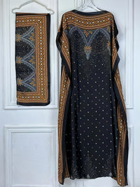 Print Boat Neck Abaya, Elegant Short Batwing Sleeve Loose Dress With Scarf For Spring & Summer, Women'S Clothing