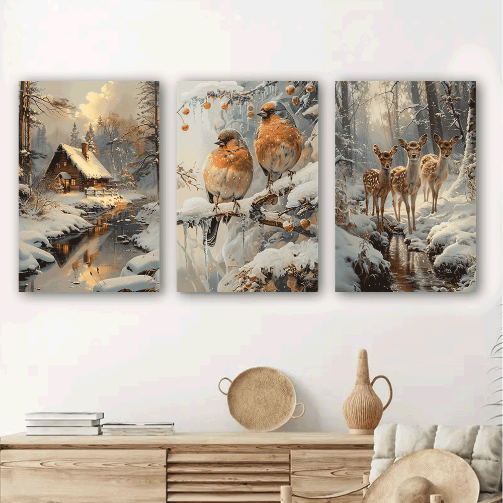 Winter Cabin & Wildlife Canvas Art Set, 39.88x59.94cm - 3pcs