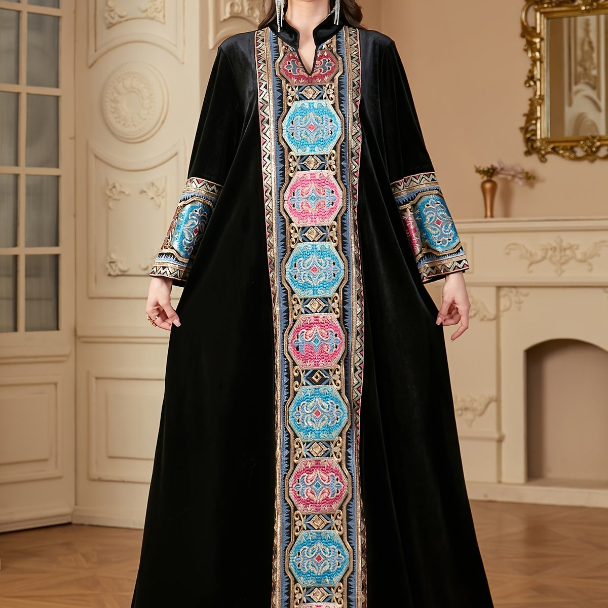 Women's Autumn and Winter Fashion V-Neck Elegant Retro Patchwork Solid Color Loose Arabic Long Dress