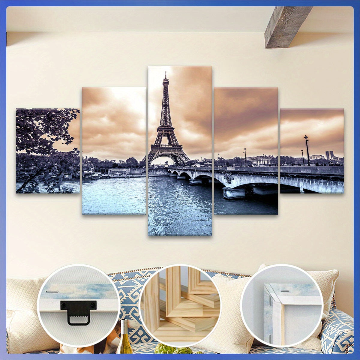 Wooden Framed Canvas, Eiffel Tower Theme Poster - 5pcs