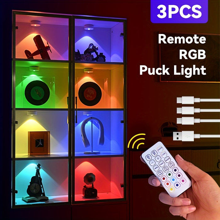 Remote RGB Puck Lights: Rechargeable, Remote+Manual - 3-Pack