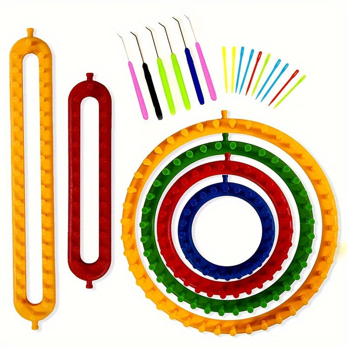 Knitting Loom Kit Set - 4 Circular Looms, 2 Rectangular Looms, 6 Crochet Hooks, 10 Plastic Needles - DIY Weaving Tools for Thick Blankets, Hats, Socks, Scarves - Ideal for Beginners