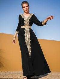 Ramadan Lace Trim V Neck Kaftan, Elegant Long Sleeve Maxi Dress, Women's Clothing