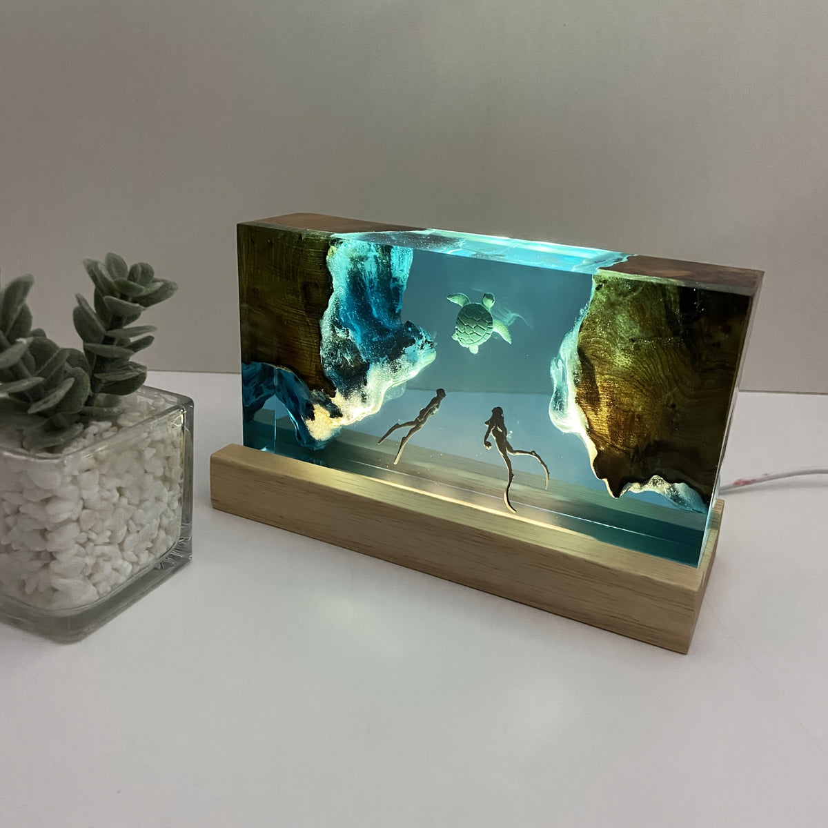 Ocean-Inspired Resin Art, Handcrafted Turtle and Diving Couple Sculpture