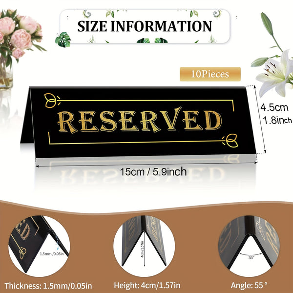 10pcs Elegant Golden Acrylic "Reserved" Table Signs - Waterproof, Double-Sided with Decorative Arrows, Perfect for Weddings, Parties, Restaurants & Meetings