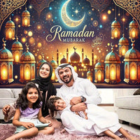 1pc Ramadan Mubarak Night Sky Backdrop - Elegant Crescent Moon & Lanterns Design, Reusable Polyester Party Banner for Indoor/Outdoor Eid Celebrations, Spring & Summer Festive Decor, Festive Backdrop | Elegant Lettering Design