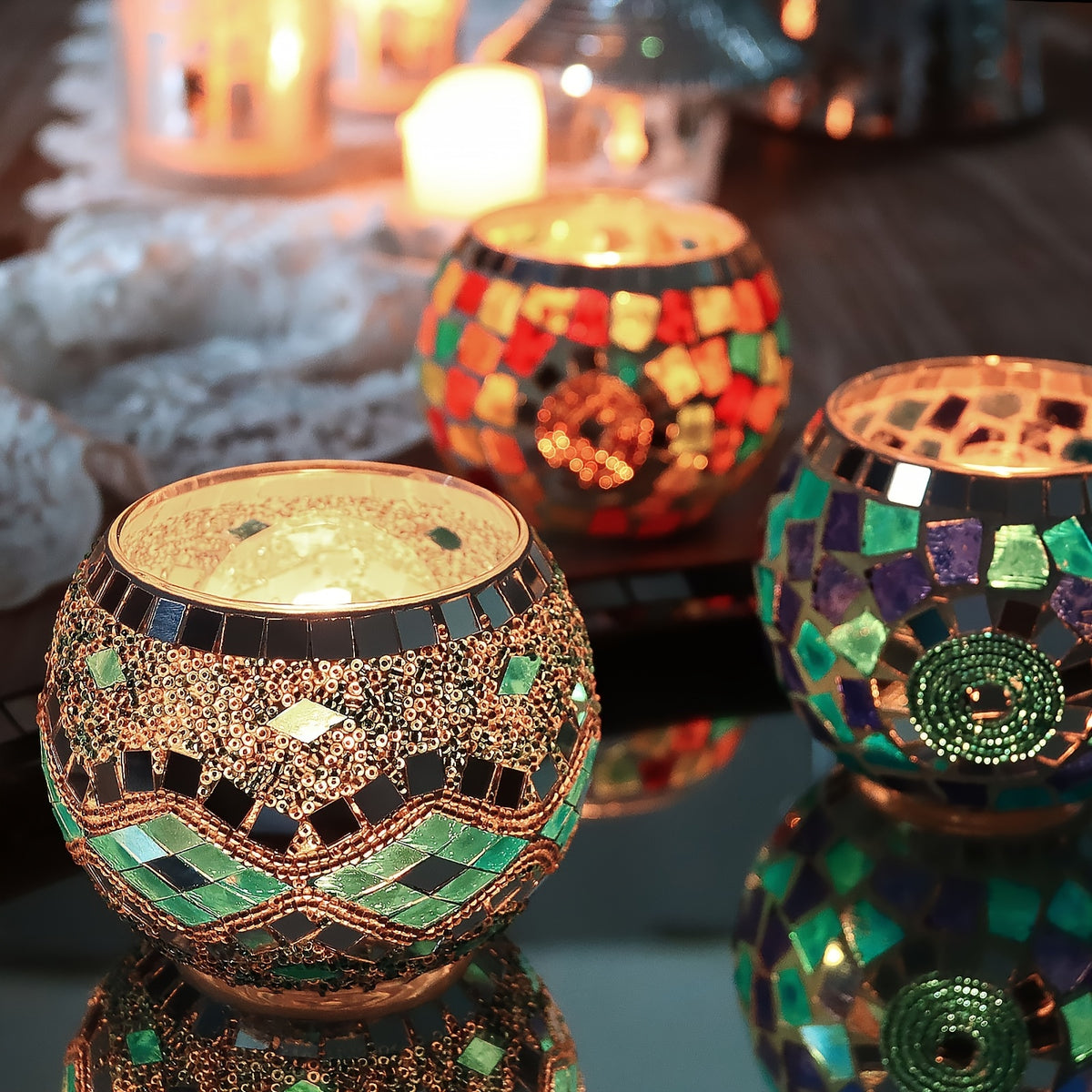 Set of 3 Glamorous Handcrafted Turkish Moroccan Mosaic Glass Candle Holders - Lacquered Finish Tabletop Candle Bowls for Romantic Dinners, Home Decor, and Multicultural Festivities Including Christmas, Hanukkah, Ramadan, and