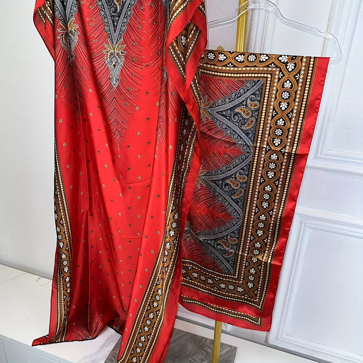 Print Boat Neck Abaya, Elegant Short Batwing Sleeve Loose Dress With Scarf For Spring & Summer, Women'S Clothing