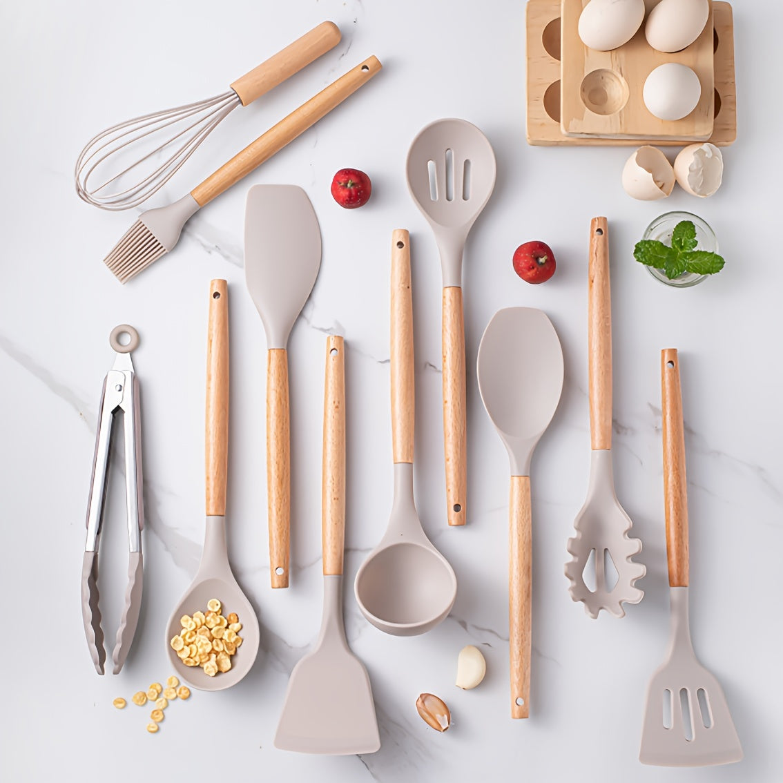 12pcs Silicone Kitchen Utensil Set with Wooden Handles