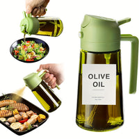 Kitchen Glass Olive Oil Dispenser, 2-in-1 Oil Bottle and Cooking Sprayer, Auto Flip Cap, 16oz Olive Green (Light Blocking) with Label Stickers