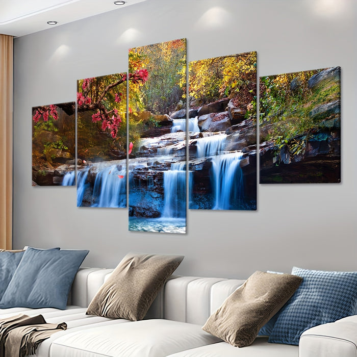 Contemporary Landscape Canvas Art Set, Frameless Waterfall Forest Scene - 5pcs