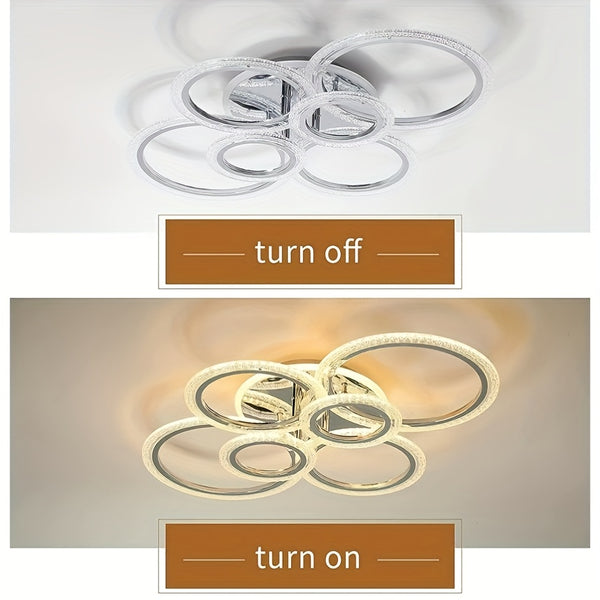 Modern 6-Ring Chrome LED Chandelier - Energy-Efficient, Color-Tunable (3000K-6500K), Semi-Flush Mount for Living Room, Office, Cafe, Bedroom, Bathroom, Kitchen - Hardwired, 110-240V, No Battery Needed, Modern Lighting | Moder