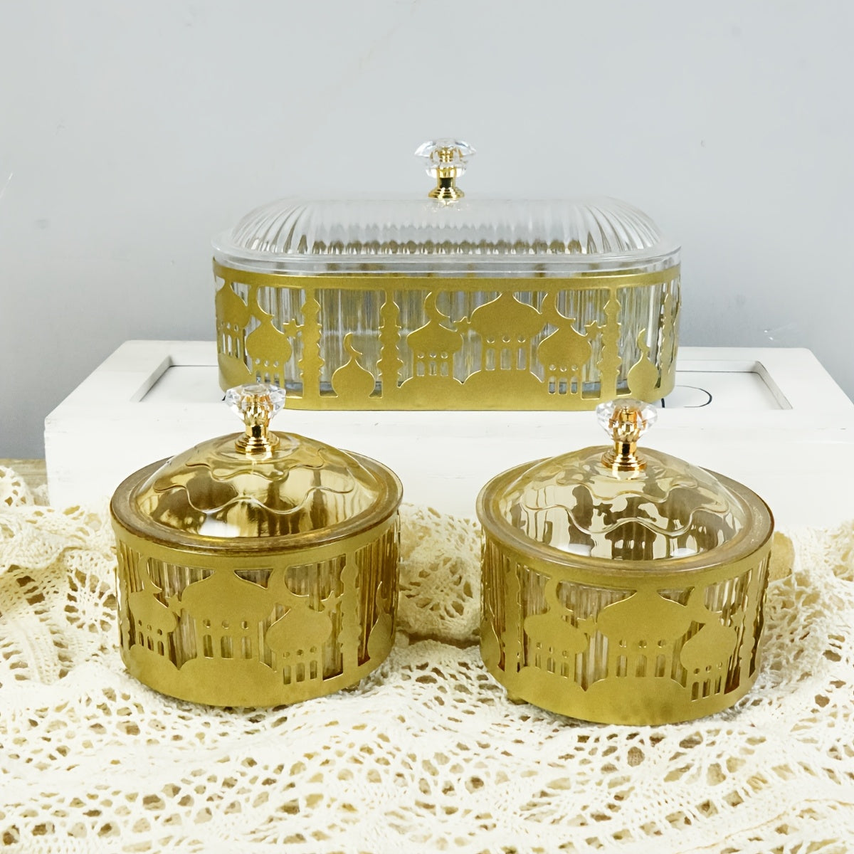 Elegant Metal Tray Set, Oval Castle Pattern Engraved  - 3pcs