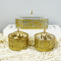 Elegant Metal Tray Set, Oval Castle Pattern Engraved  - 3pcs