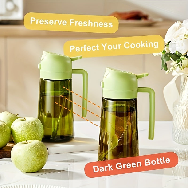 Kitchen Glass Olive Oil Dispenser, 2-in-1 Oil Bottle and Cooking Sprayer, Auto Flip Cap, 16oz Olive Green (Light Blocking) with Label Stickers