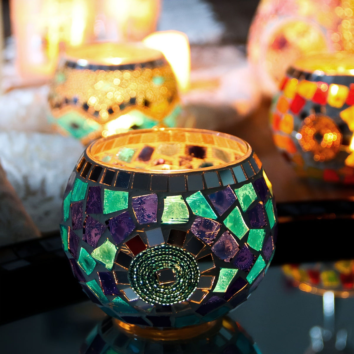 Set of 3 Glamorous Handcrafted Turkish Moroccan Mosaic Glass Candle Holders - Lacquered Finish Tabletop Candle Bowls for Romantic Dinners, Home Decor, and Multicultural Festivities Including Christmas, Hanukkah, Ramadan, and