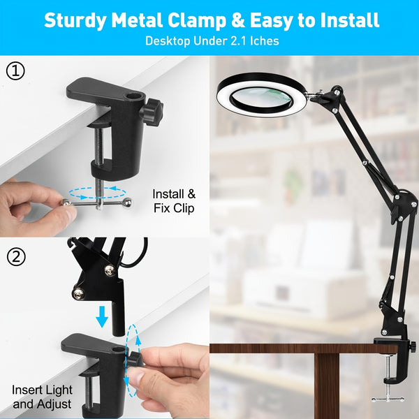 OSORD 10X Magnifying Glass with Light and Stand, 2-in-1 Desk Lamp with Clip, 3 Color Modes, USB Powered, Metal, Modern Solid Color, Adjustable Lighting, Button Control, for Bedroom, No Accessories Included