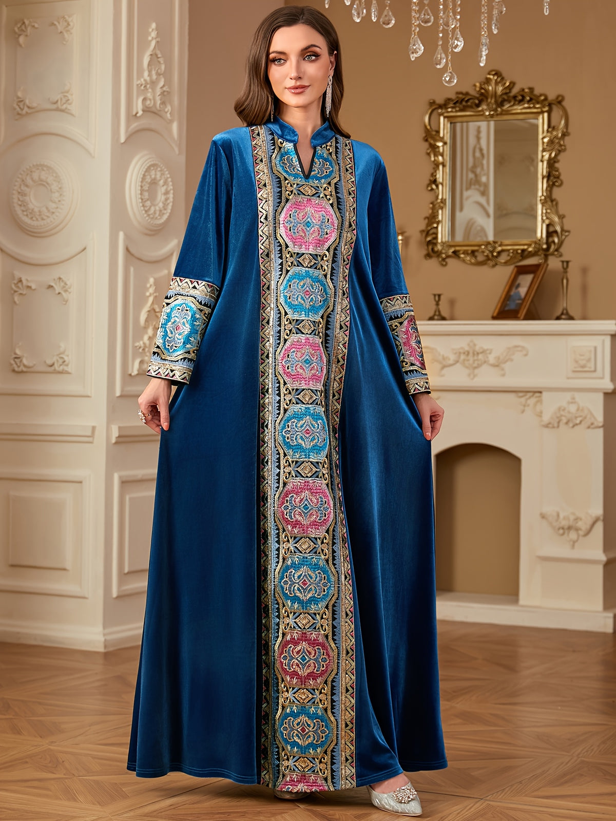 Women's Autumn and Winter Fashion V-Neck Elegant Retro Patchwork Solid Color Loose Arabic Long Dress